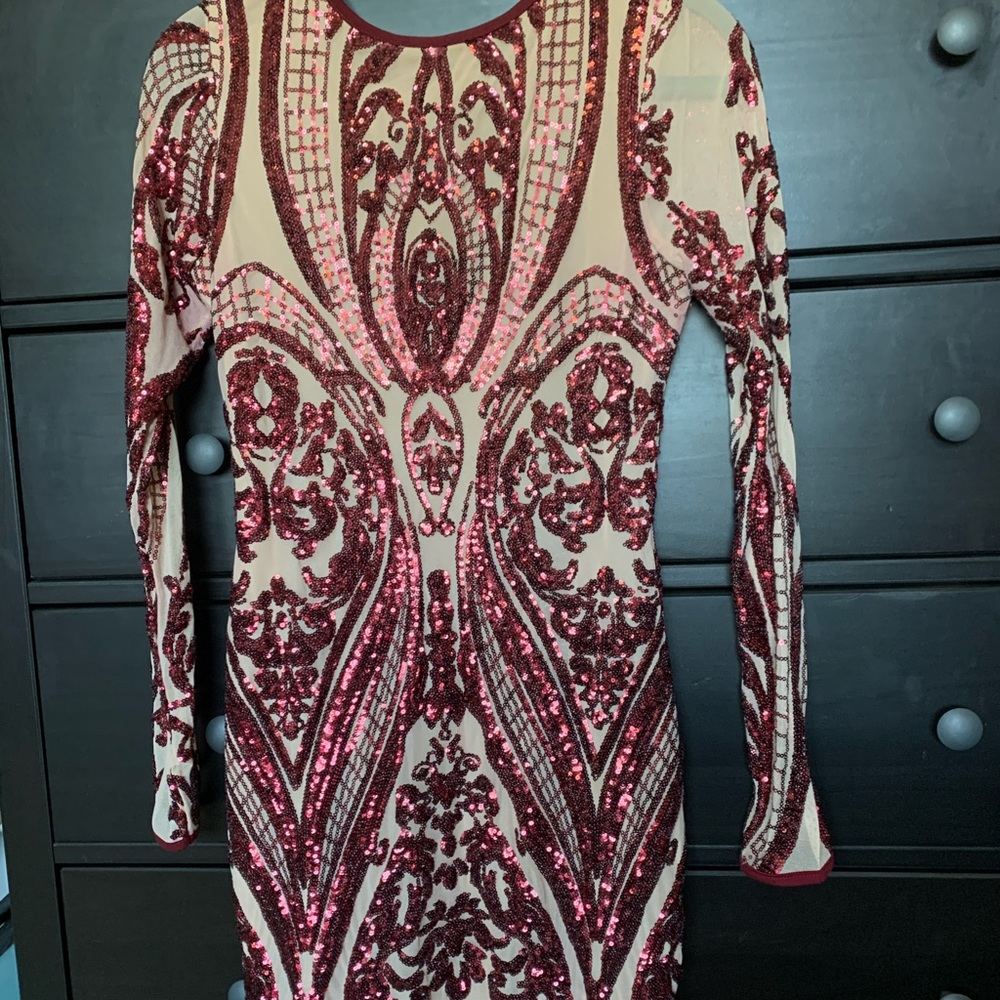 Windsor Long Sleeve Sequin Bodycon Dress - Nude with Burgundy Sequins
